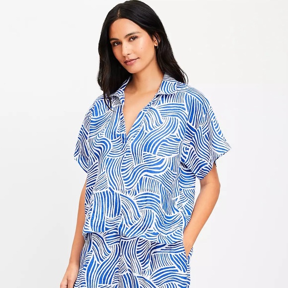 LOFT Beach Spiral 100% Linen Wide Leg Size L oversized set - Picture 2 of 9